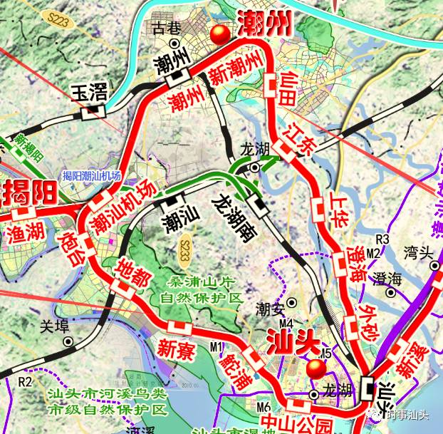 9条线路构成两环两射,汕潮揭三市中心城区半个小时互通,连接潮汕机场